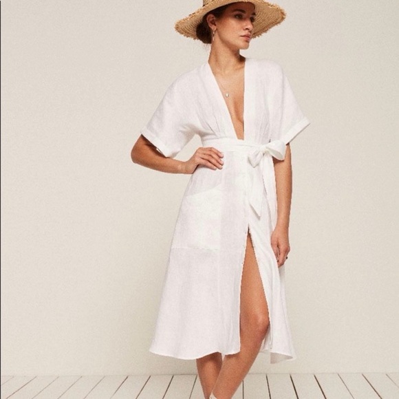 Reformation Geneva Dress in White 100% Linen Women’s Size 6 Deep Neck *NO BELT* - Picture 1 of 15